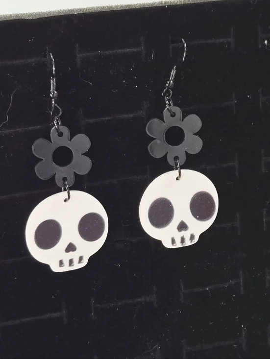 Skull Daisy Earrings Black White Gothic Floral Playful Edgy Dangle Statement - Picture 4 of 4